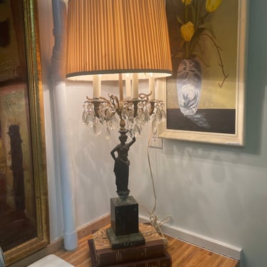 Hollywood Regency Antique Marble Lamp with Bronze Statue