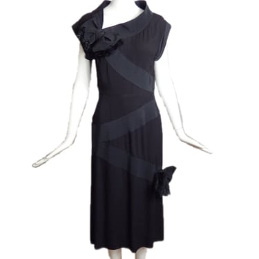 1940s Black Crepe &amp; Ribbon Dress, Size-4