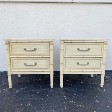 Set of 2 Faux Bamboo Nightstands by Henry Link Bali Hai FREE SHIPPING - Vintage Creamy White End Tables Hollywood Regency Coastal Furniture 