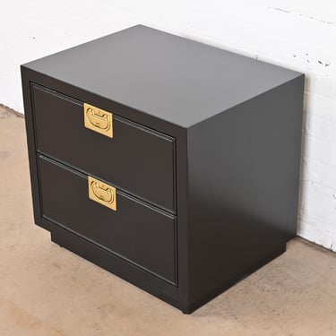 Henredon Hollywood Regency Black Lacquered Campaign Nightstand, Newly Refinished