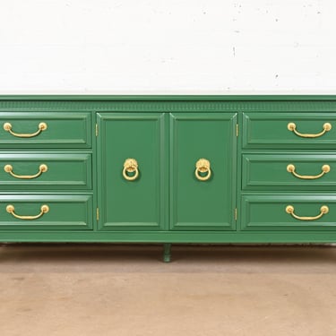 French Regency Louis XVI Green Lacquered Long Dresser or Credenza by Hickory, Newly Refinished