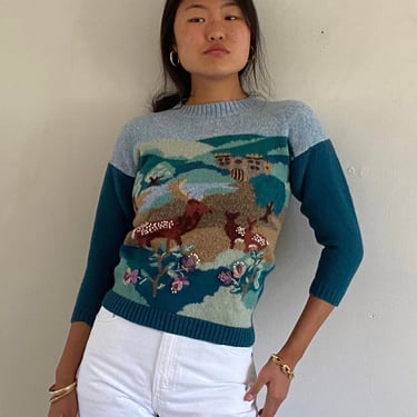 80s handknit scenic sweater / vintage hand knit hand embroidered wool deer landscape fairytale castle cropped sweater | XS S 