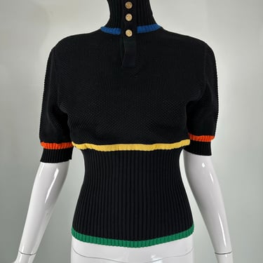 Chanel Rare 1980s Black Cotton Crochet Sweater Colour Stripes Logo Button