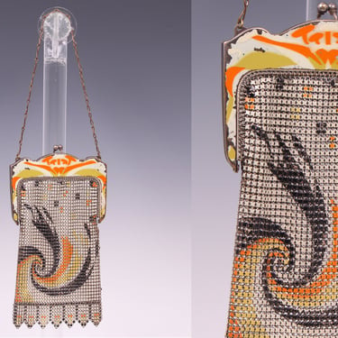 Vintage 1920's Whiting & Davis Orange Swirl Handbag • 20's Designer Deco Mesh Purse 