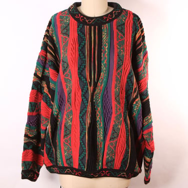 1980s Multi-Colored Pink and Black Long Sleeve Abstract Coogi Style Pullover Sweater by Norm Thompson Tundra -XL 