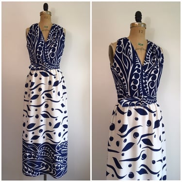 1960s Mod Border Print Maxi Dress 60s Leslie Fay Knits Blue And White Sundress 