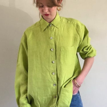 90s linen blouse / vintage neon lime green oversized linen smock chore pocket shirt blouse | Large 