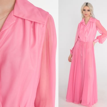 Pink Chiffon Dress Long Party 1970s Maxi High Waist Button Up Prom Dress 70s Boho Formal Dress Draped Vintage Long Sleeve Small S 