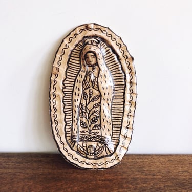 Vintage Mexican Ceramic Virgin de Guadalupe Wall Hanging 