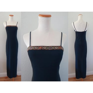 Vintage 90s Formal Maxi Dress - Blue Spaghetti Strap Side Slits - Prom Dance Party Long Dress - Size Small 