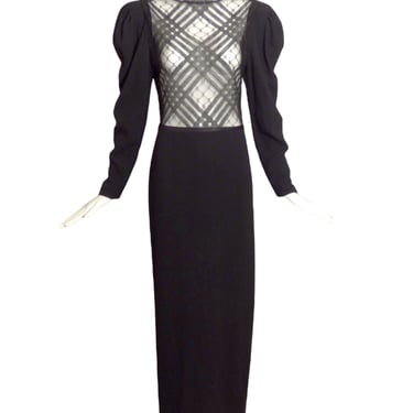 GALANOS- 1980s Black Crepe &amp; Lace Gown, Size 8