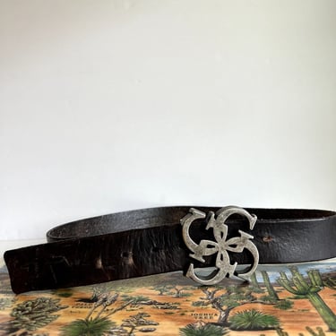 Guess 90s Brown Worn in Distressed Top Grain Leather Chunky Buckle Belt - M/L 