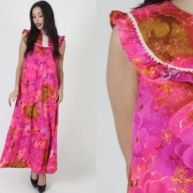 Kai Nani Of Hawaii Tiki Party Dress, Neon Floral Luau Outfit, Vintage 70s Hawaiian Party MuuMuu - Size 8 