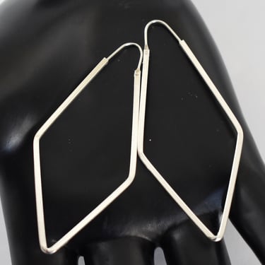 80's 925 silver kite shaped geometric boho dangles, hollow sterling rhombus mystic hippie earrings 