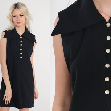 Mod Mini Dress 60s Shift Black Button Up Dress 1960s Gogo Sleeveless Plain Shirtdress 70s Vintage Dagger Collar Twiggy Retro Small S 