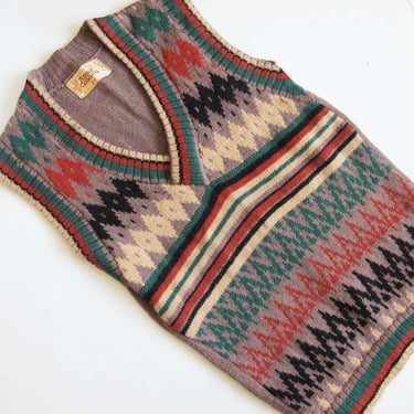 Vintage 70s Chevron Knit Sweater Vest S M - Brown Wool V Neck Grandpa Preppy Earthtone Vest - Cozy Fall Winter Academia 