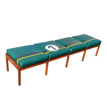Vintage Mid-Century Modern Walnut and Green Leatherette Bench in British Racing Motif 
