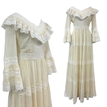 Vtg Vintage 1970s 70s Ivory Lace Bell Sleeve Bridal Cottage Boho Maxi Dress 