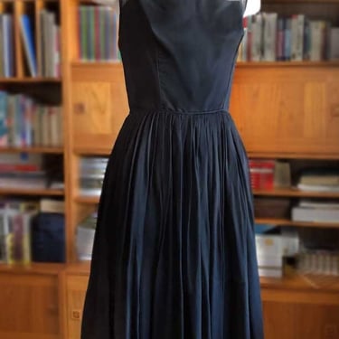 60's Black SILK Chiffon Dress Evening Party Cocktail Gown, Audrey Hepburn style Vintage 1950s Fit & Flare Full Skirt Mid Century 1960s MINT 