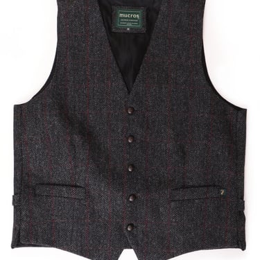 Mucros IRELAND Men's Tweed Vest Gray Red stripe Wool, Medium, Irish, Hunting, Herringbone, Weavers Workshop, Traditional Vintage style 