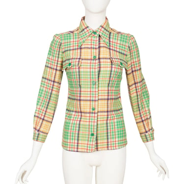Daniel Hechter 1970s Vintage Green Plaid Wool Pointed Collar Button-Up Shirt Sz XS 