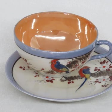 Lusterware Japan Porcelain Parrot Bird Floral Teacup and Saucer Set 3495B
