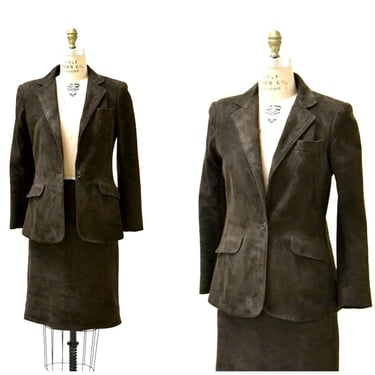 90s Vintage Leather Suede Suit Brown Suede Leather Skirt and Jacket Blazer Size Medium 