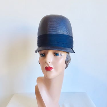 1960's James Galanos Navy Blue Woven Straw High Crown Hat Mod Style 