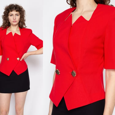 Medium 80s Deco Red Structured Blazer Top | Vintage Fitted Waist Wrap Secretary Blouse 