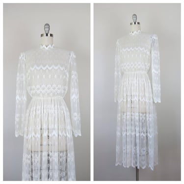 Vintage sheer lace dress, Victorian revival, tea, wedding, cottage, high neck 