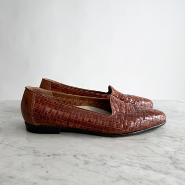 デザイン◎ 90s~ Vintage Woven Leather Loafers brown woven leather loafers 80s 90s vintage dark | Poppycock
