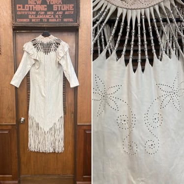 Vintage 1980’s Ultimate White Leather Fringe Dolly Parton Style Rhinestone Stage Dress, Leather Dress, Cut Out Dress, Beaded, 1980’s Fashion 