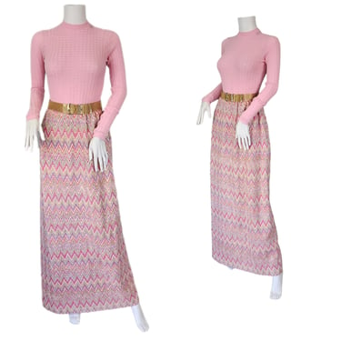 Jonathan Logan 1970's Pink Woven Zig Zag Pattern Long Maxi Skirt I Sz Med 