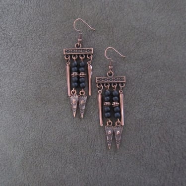 Black lava rock and copper chandelier earrings 