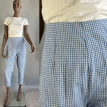 1950s Gingham Pants / Blue & White Gingham Cigarette Pants / Size Small 