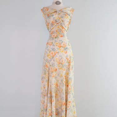 Exquisite 1930's Summer Floral Print Bias Cut Formal Gown With Deco Rhinestone Buttons / M