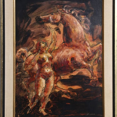 Maiden and Horse Painting by Charles Burdick Fantasy Expressionist Oil Framed 