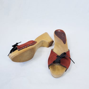 1970's Rust Suede Slip On Wood Sole Sandal Shoes I Sz 7.5 