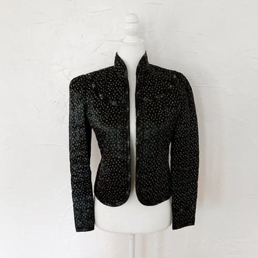 70s/80s Black Quilted Satin Floral Jacket Puff Sleeves | Small/Medium 