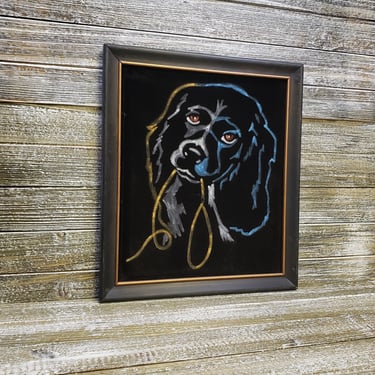 1970s Vintage Black Velvet Painting, Cocker Spaniel Retro Dog & Leash Framed Art, Mans Best Friend Painting Animal Lover, Vintage Home Decor 