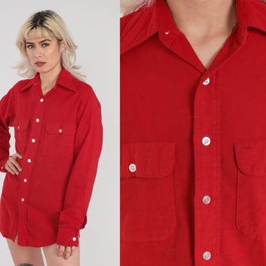 70s Red Shirt Button Up Shirt Long Sleeve Dagger Collar Basic Plain Preppy Simple Seventies Vintage 1970s Montgomery Ward Mens Medium 151/2 