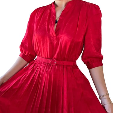 Vintage 1980s Gary Lawrence Red 100% Silk Cocktail Evening Pleated Dress Sz 10 