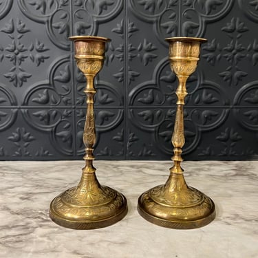 Etched Brass candlestick holders x2 6&quot;