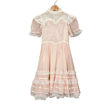 Vintage 70's Girls Juenes Filles Gunne Sax Pink and Lace Boho Dress Youth Size
