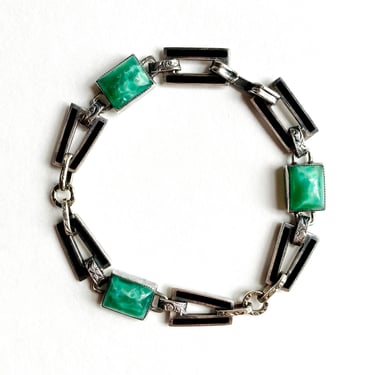 Antique Foster & Bailey Sterling Silver Enamel Glass Faux Jade Art Deco Bracelet 