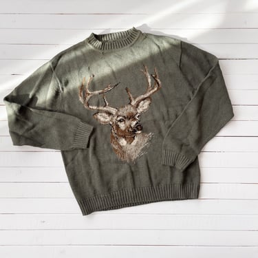 green knit sweater | 90s plus size vintage buck stag's head sage green intarsia cotton sweater 