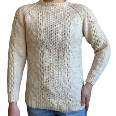 Vintage Womens Hand Knit 100% Wool Chunky Fisherman Crewneck White Sweater Sz M 