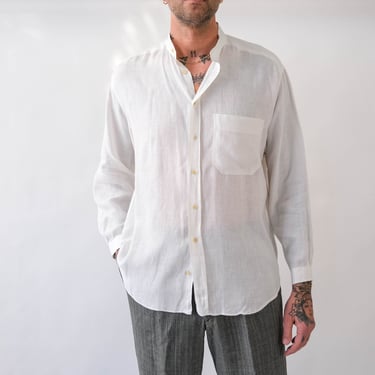 Vintage 80s Giorgio Armani Le Collezioni Ivory Linen Collarless Shirt | Made in Italy | 100% Linen | 1980s Armani Designer Relaxed Fit Shirt 