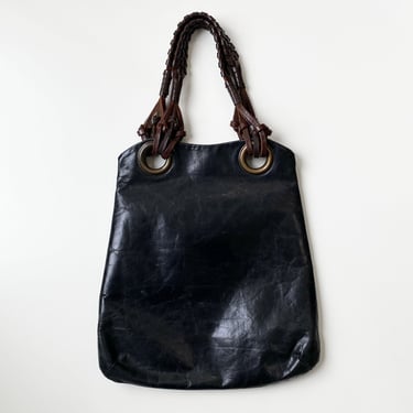 Black Leather Bag with Braided Top Handle