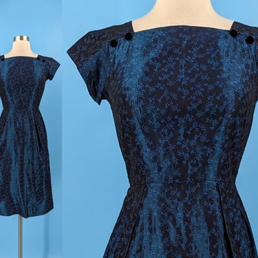 Sixties Blue Taffeta Short Sleeve XXS Wiggle Dress - 60s Brocade Cocktail Dress 